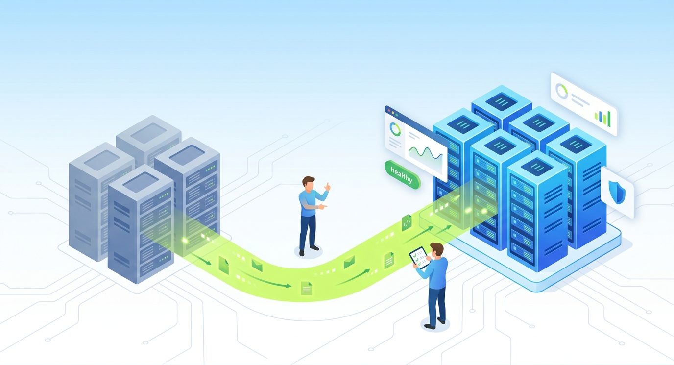 Illustration of a guided migration from a legacy platform to SynergyCP